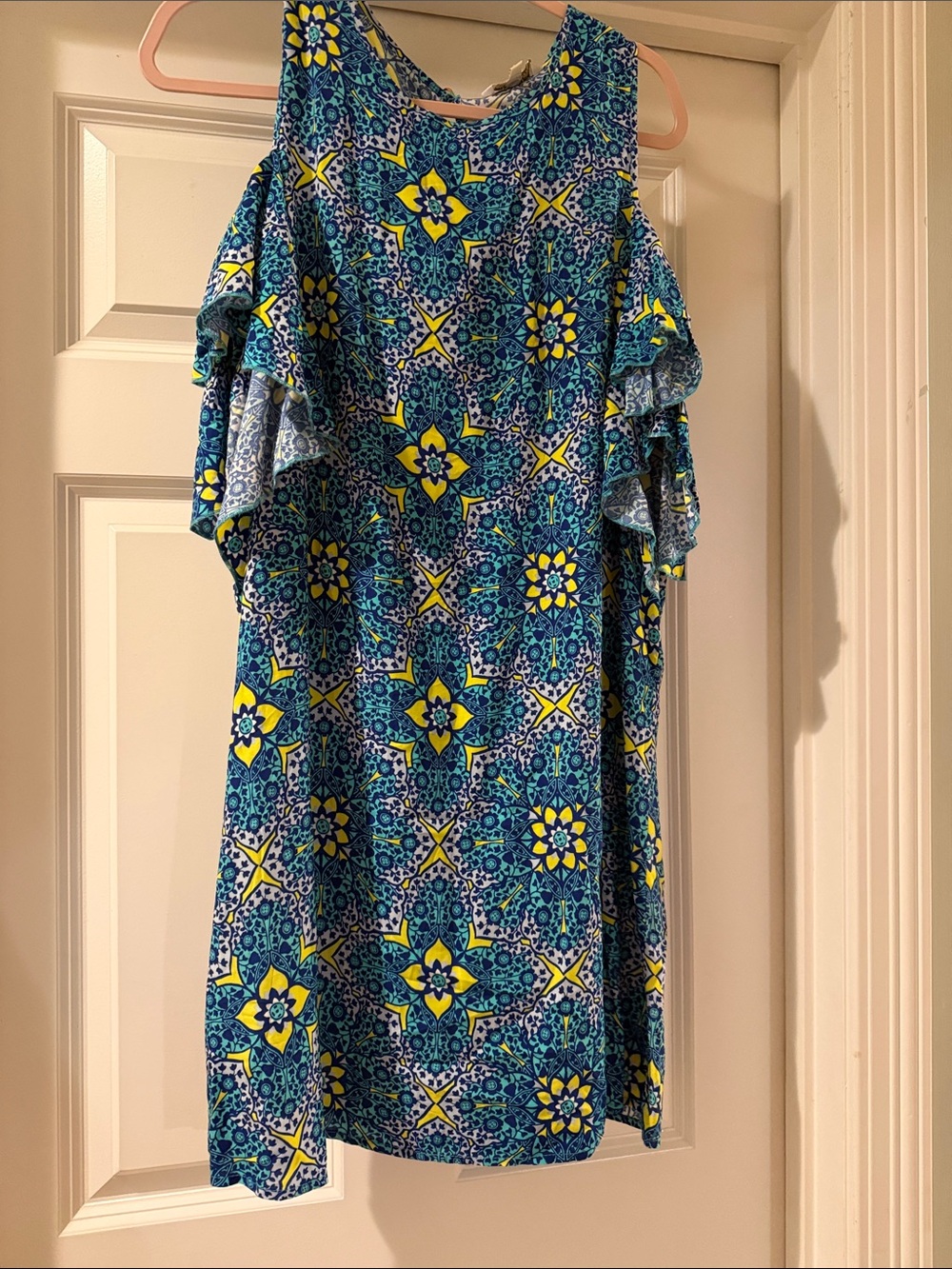 All For Color Blue & Yellow Cold-Shoulder Casual Dress